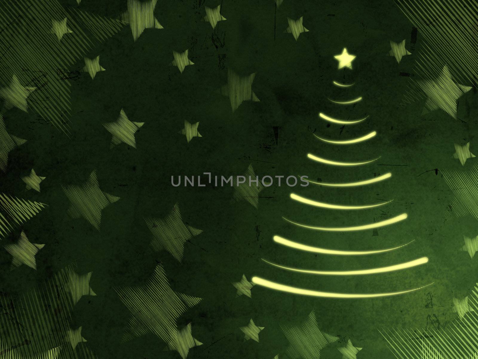 abstract green background with illustrated christmas tree and stars, retro card