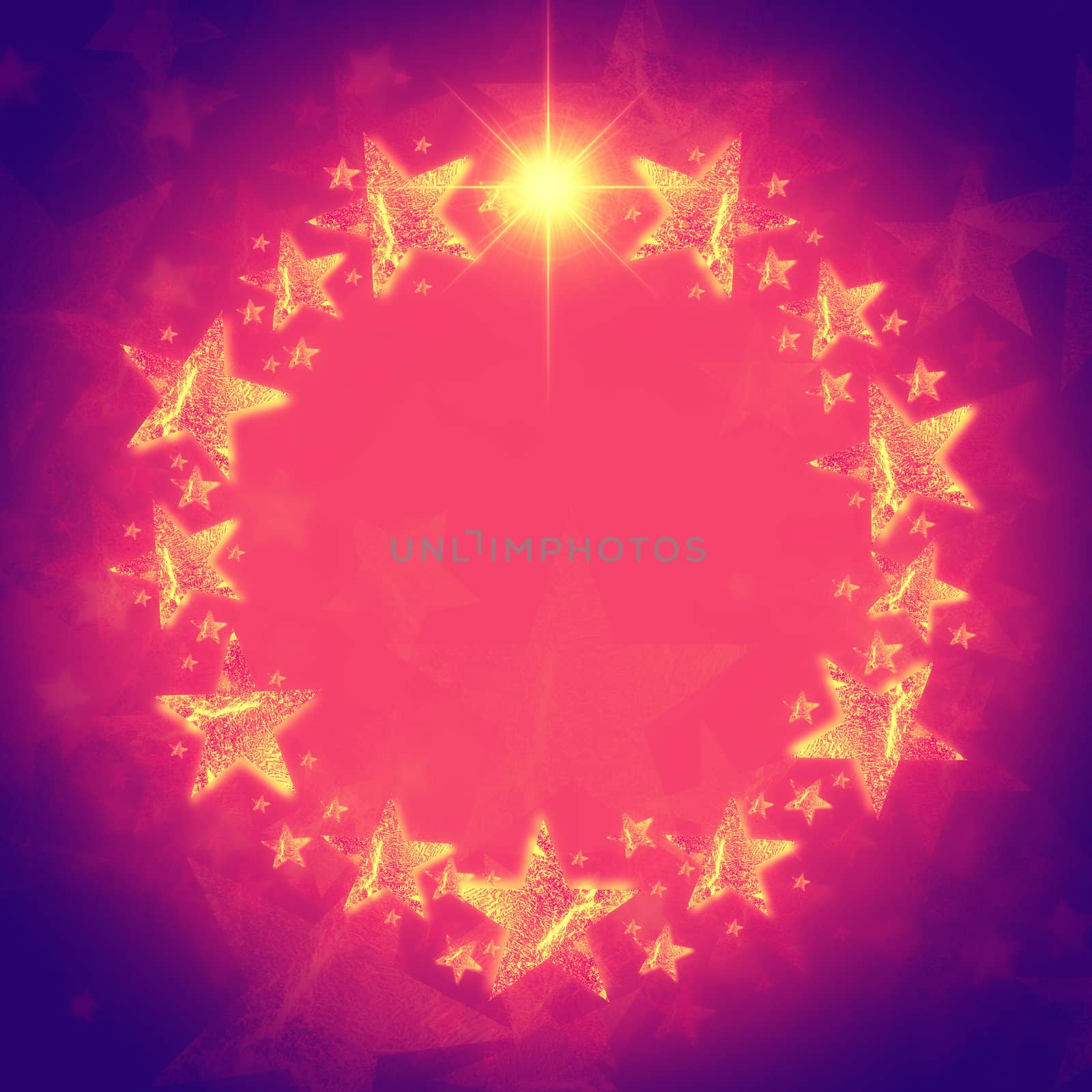 abstract christmas wreath of golden stars in circle over violet and pink background with text space