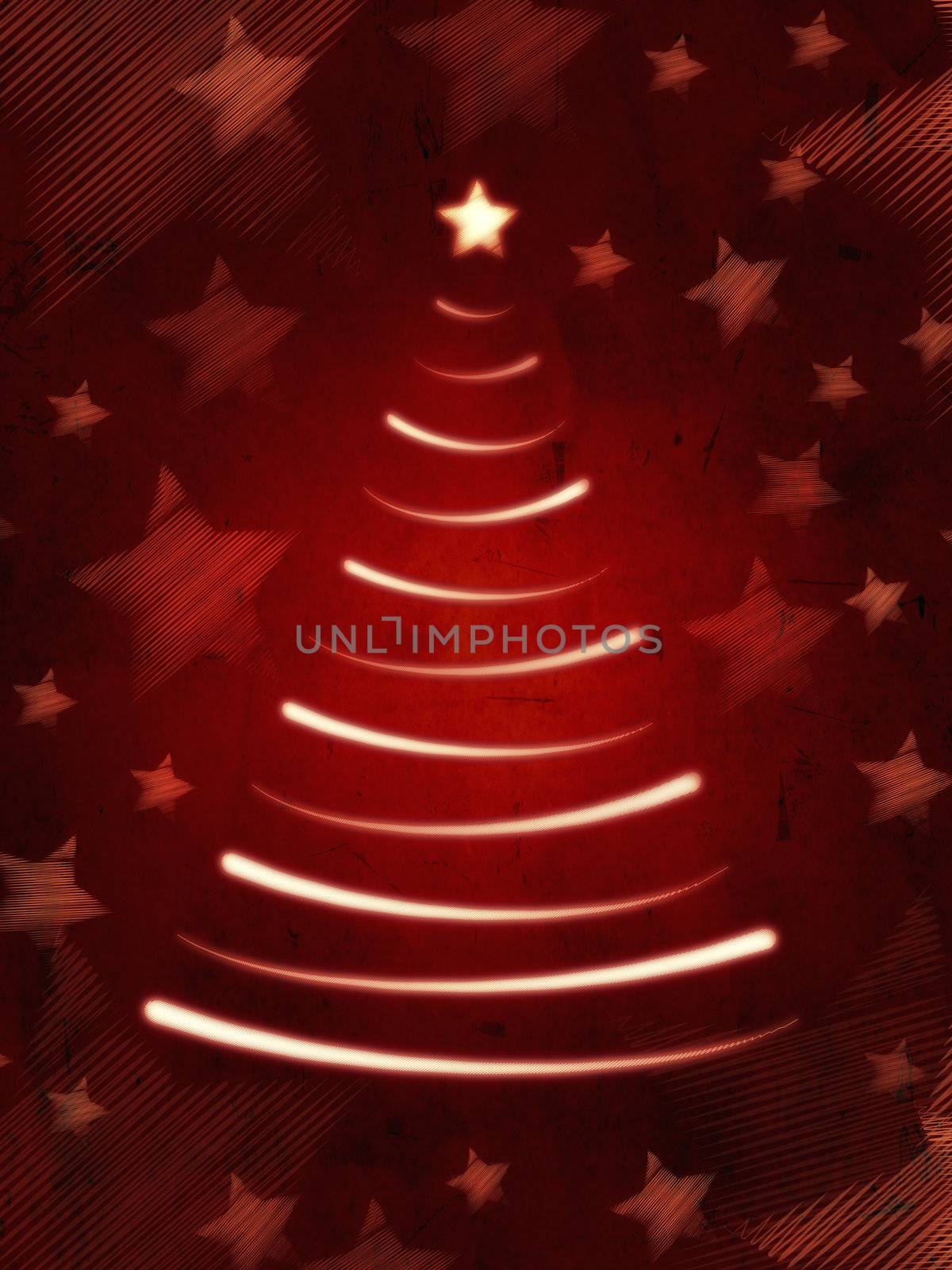 abstract red background with illustrated christmas tree and stars, retro style card