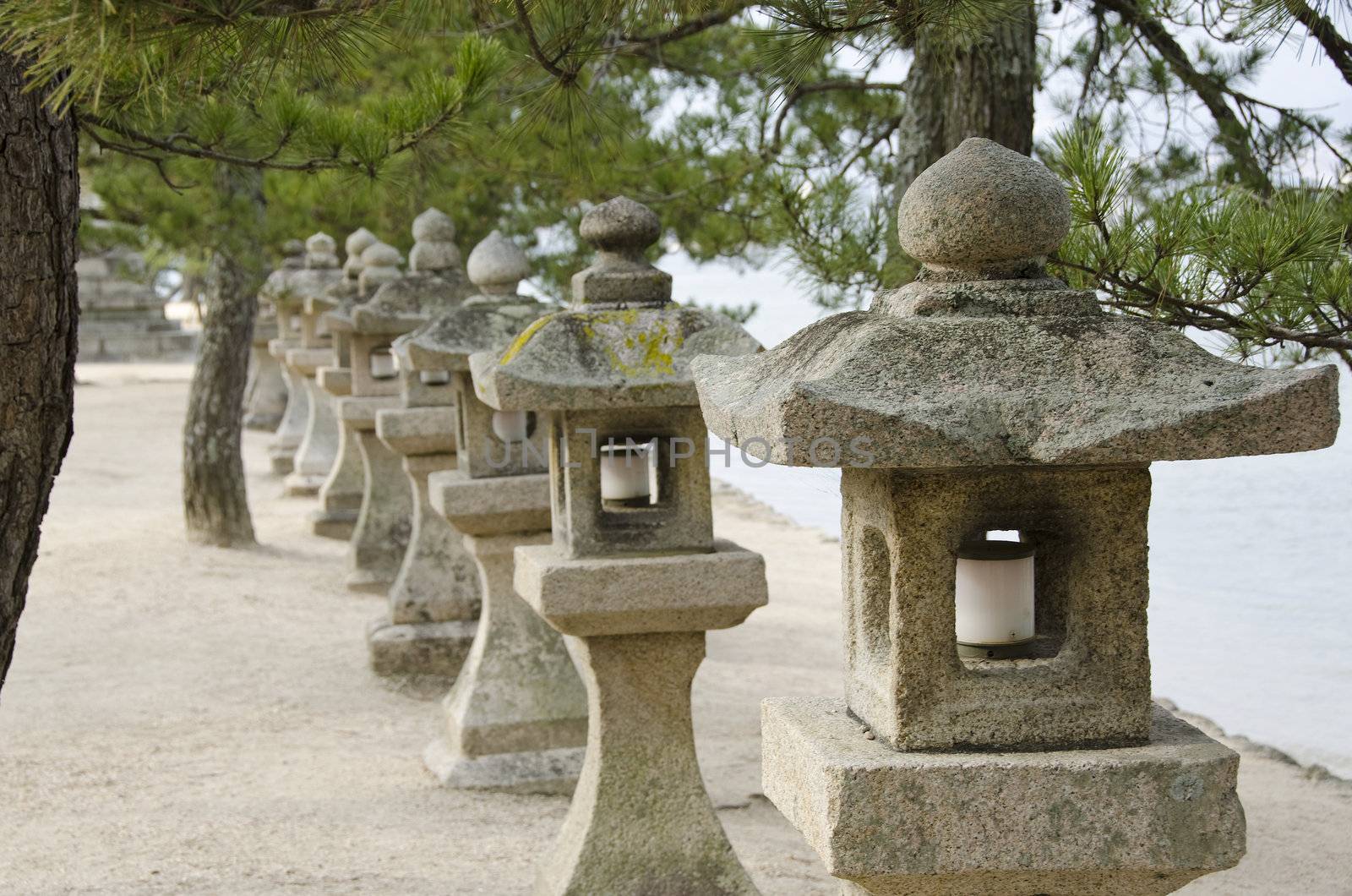 Row of stone lanterns in Japan at the Itsukushima Shrine 