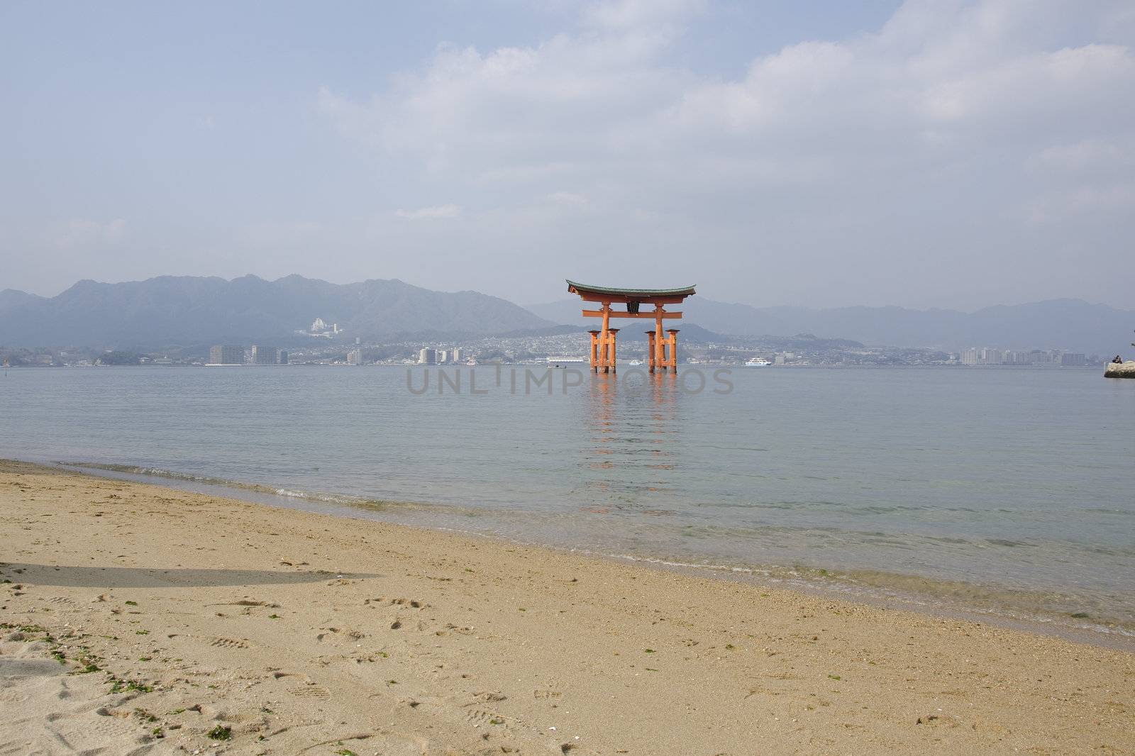 Tori gate at Itsukushima Shrine on Miyajima Island, near Hiroshima, Japan