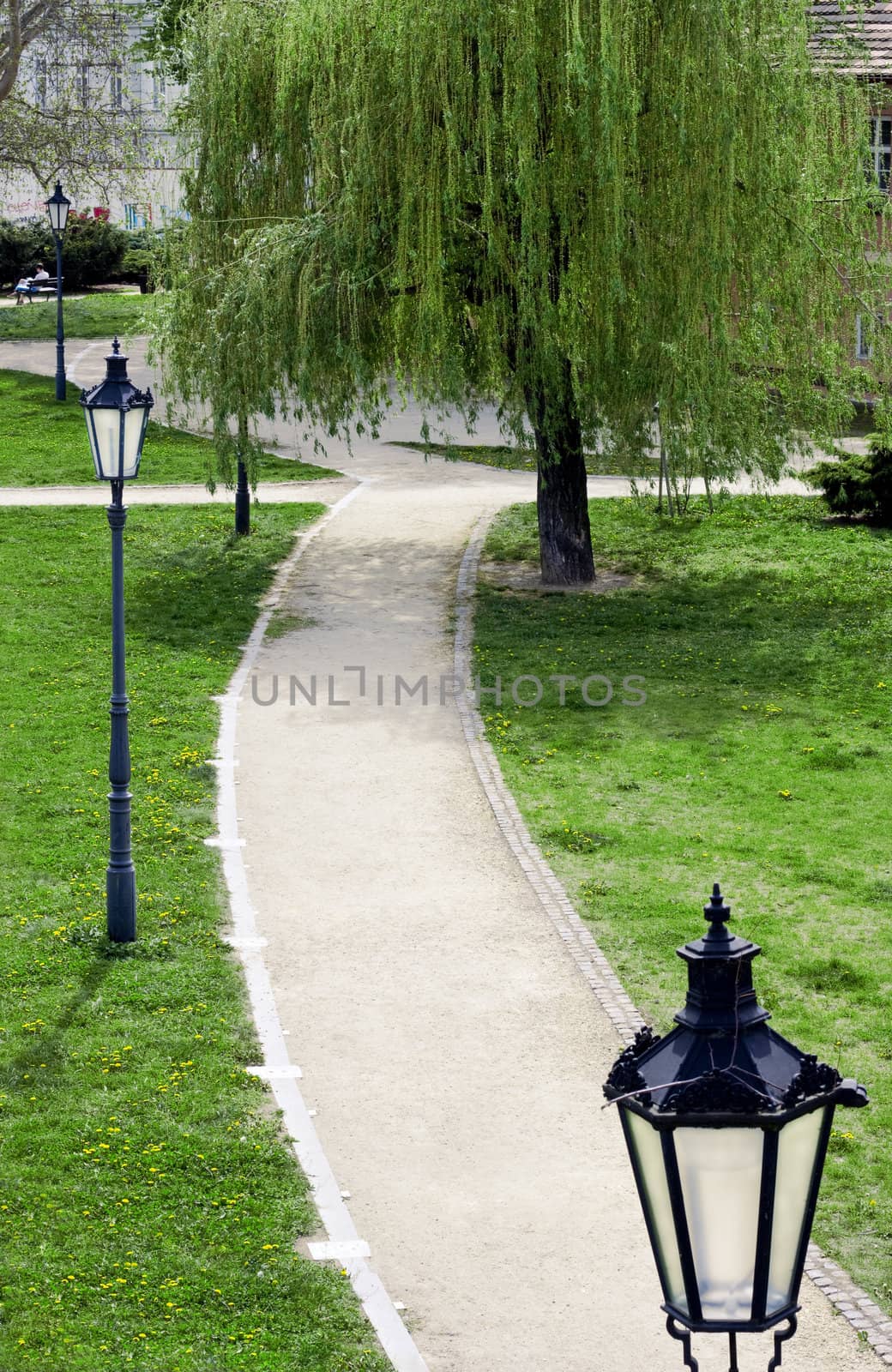 Asphalt path in a park with lanterns in Prague, Czech Republic