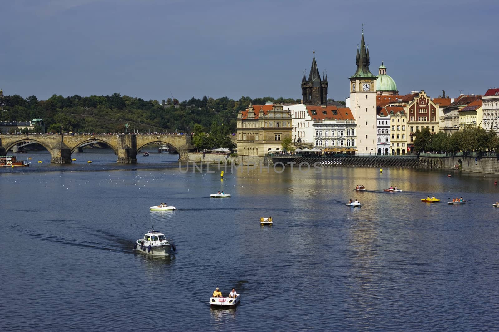 View of an Old town of Prague, the Charles Bridge and the Vltava River. Czech Republic