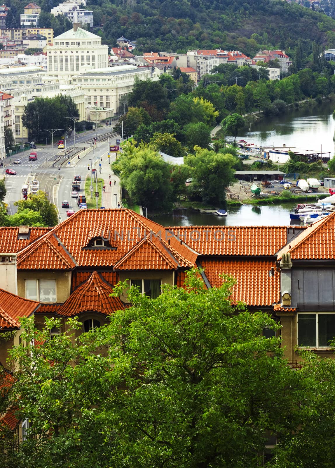 View of an old house against a roadway in Prague. Czech Republic