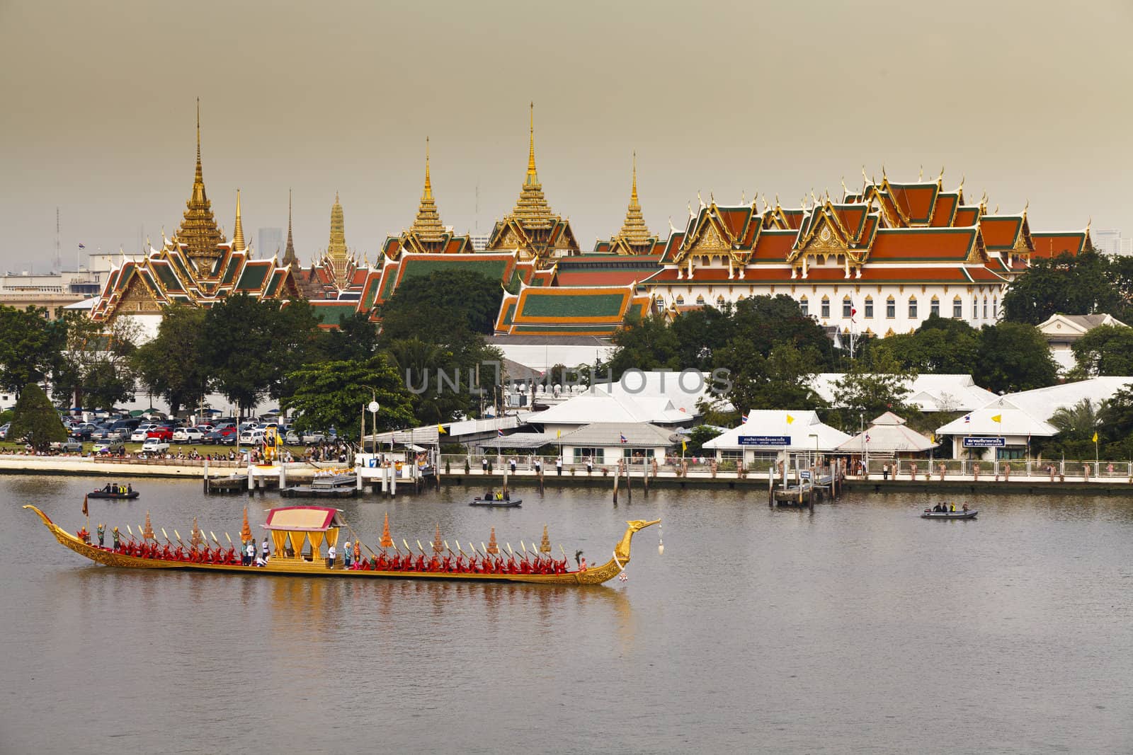 BANGKOK, THAILAND - NOV 6: Rehearsals of the Thailand's Royal Barge Procession on the Chao Phraya river for a royal ceremony marking the end of buddhist lent on November 6, 2012 in Bangkok, Thailand.