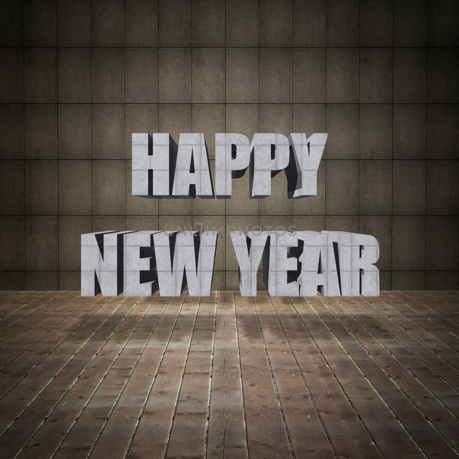 Happy New Year lettering with grunge wall and old wood floor by siraanamwong