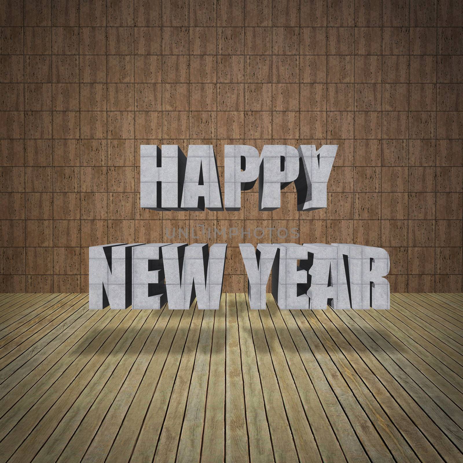 Happy New Year lettering  with limestone wall  by siraanamwong
