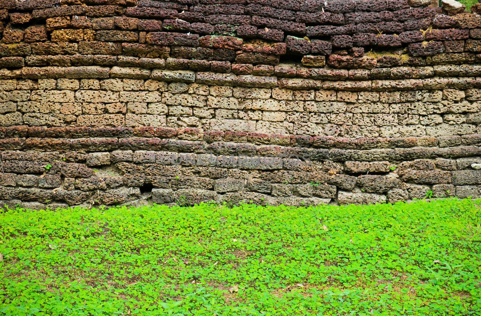 Texture of rough brick wall with grass