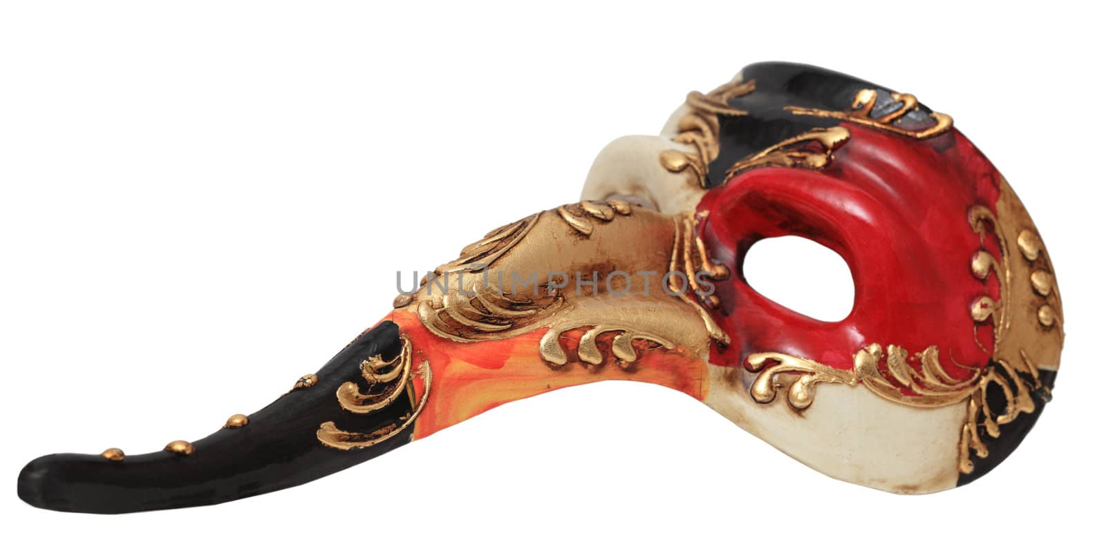 Image of a colorful long nose Venetian mask against a white background.