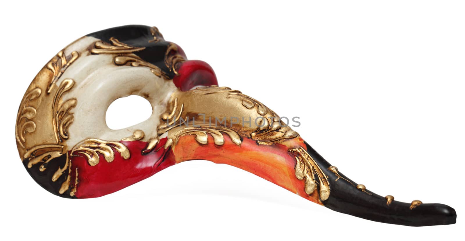Image of a colorful long nose Venetian mask against a white background.
