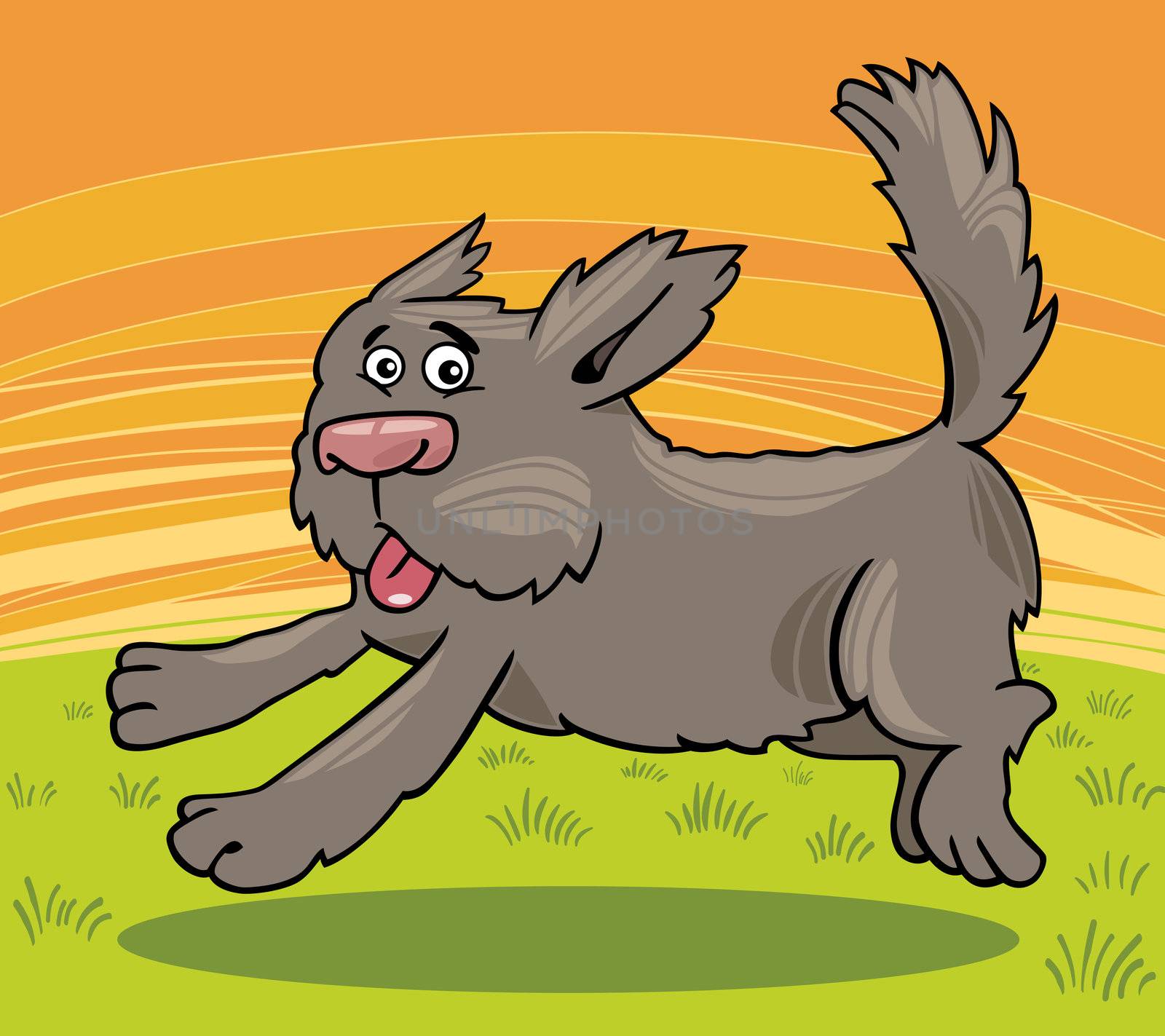 Cartoon Illustration of Funny Running Shaggy Dog against Rural Scene