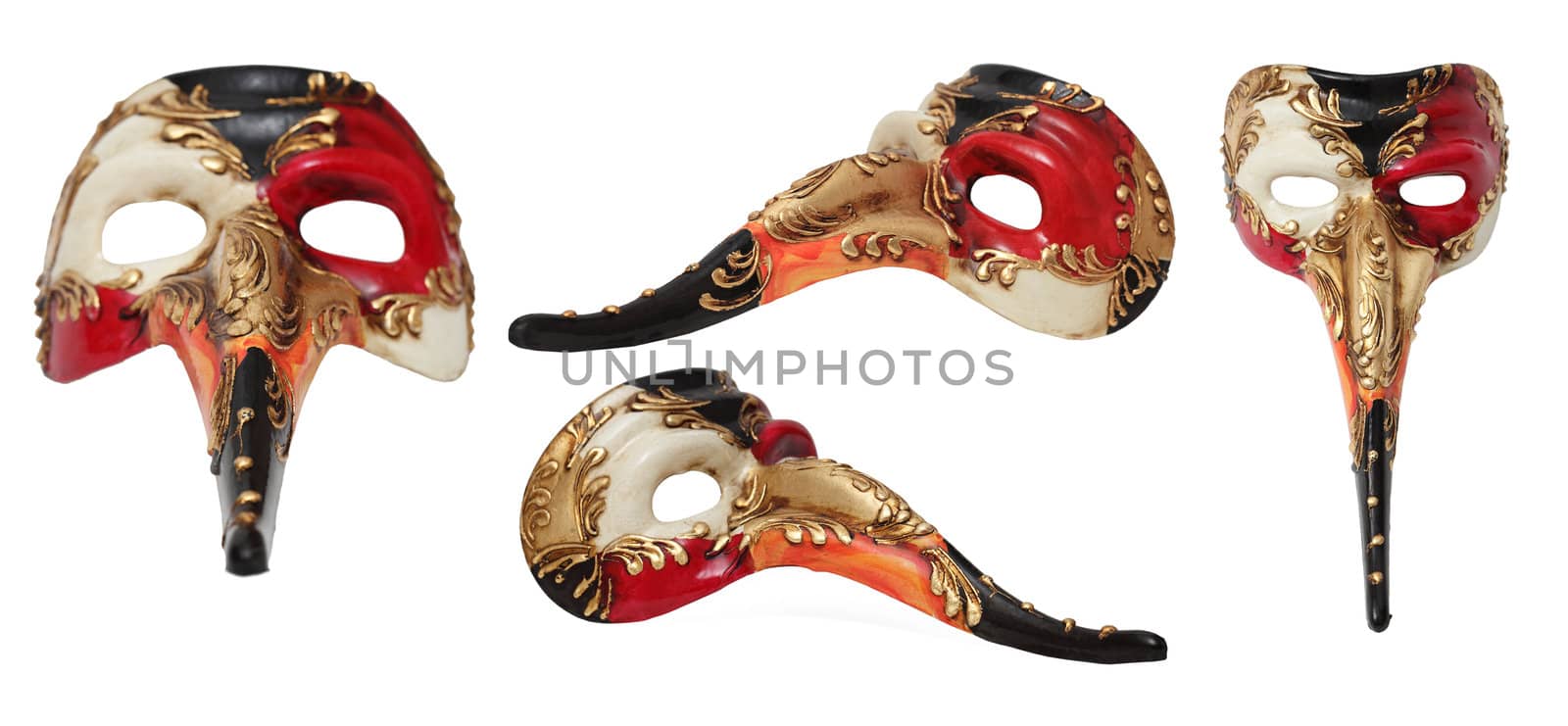Colage with a colorful long nose Venetian mask in various positions isolated against a white background.