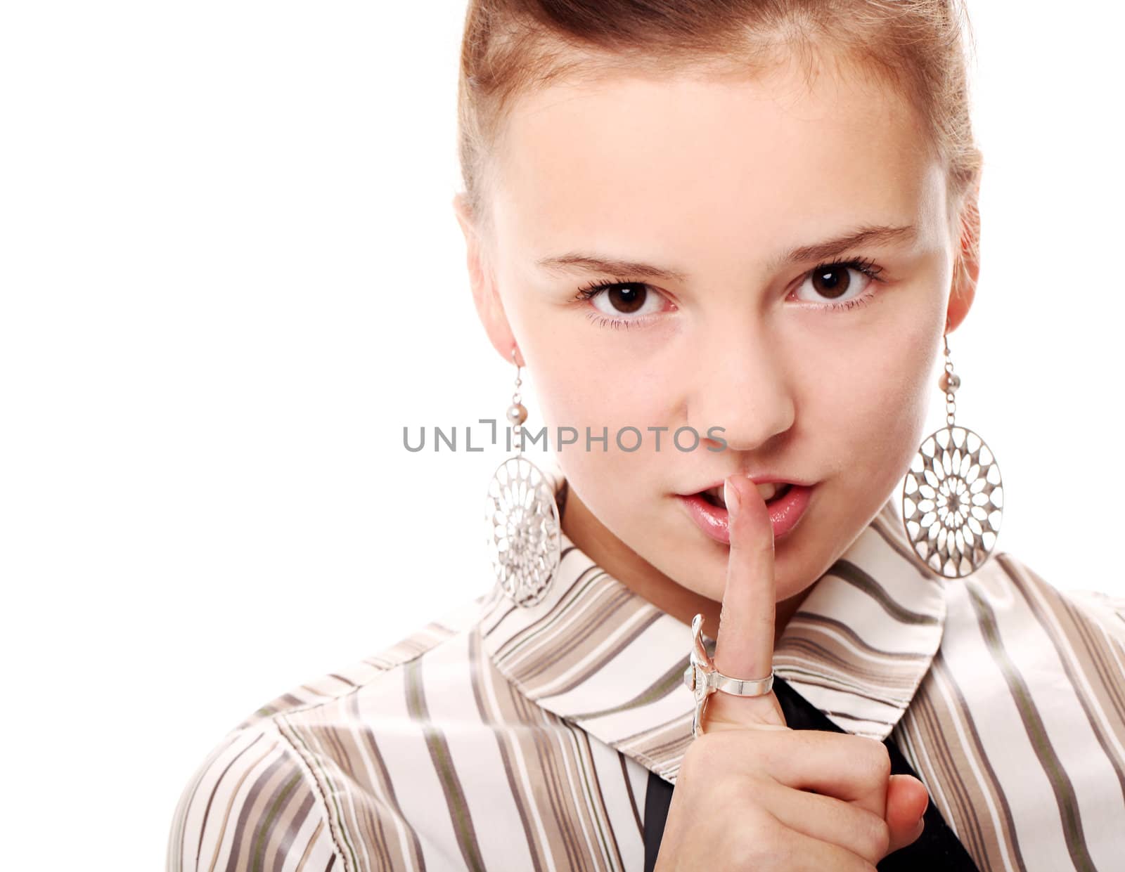 Portrait of young woman doing tss gesture over a white background