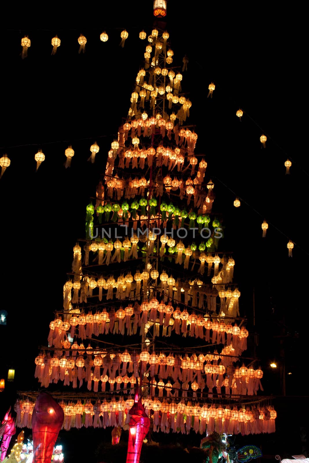 Colorful paper lanterns, Exciting festival, on the night.