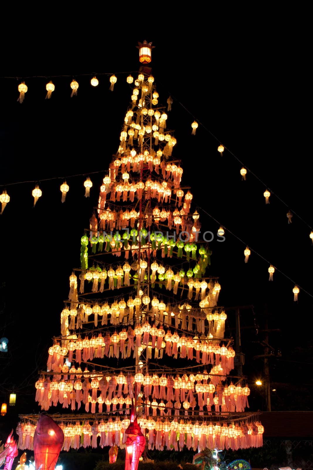 Colorful paper lanterns, Exciting festival, on the night.