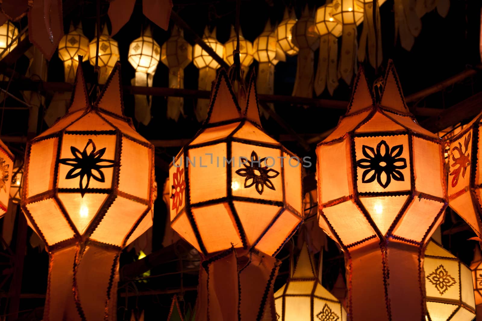 Colorful paper lanterns, Exciting festival, on the night.