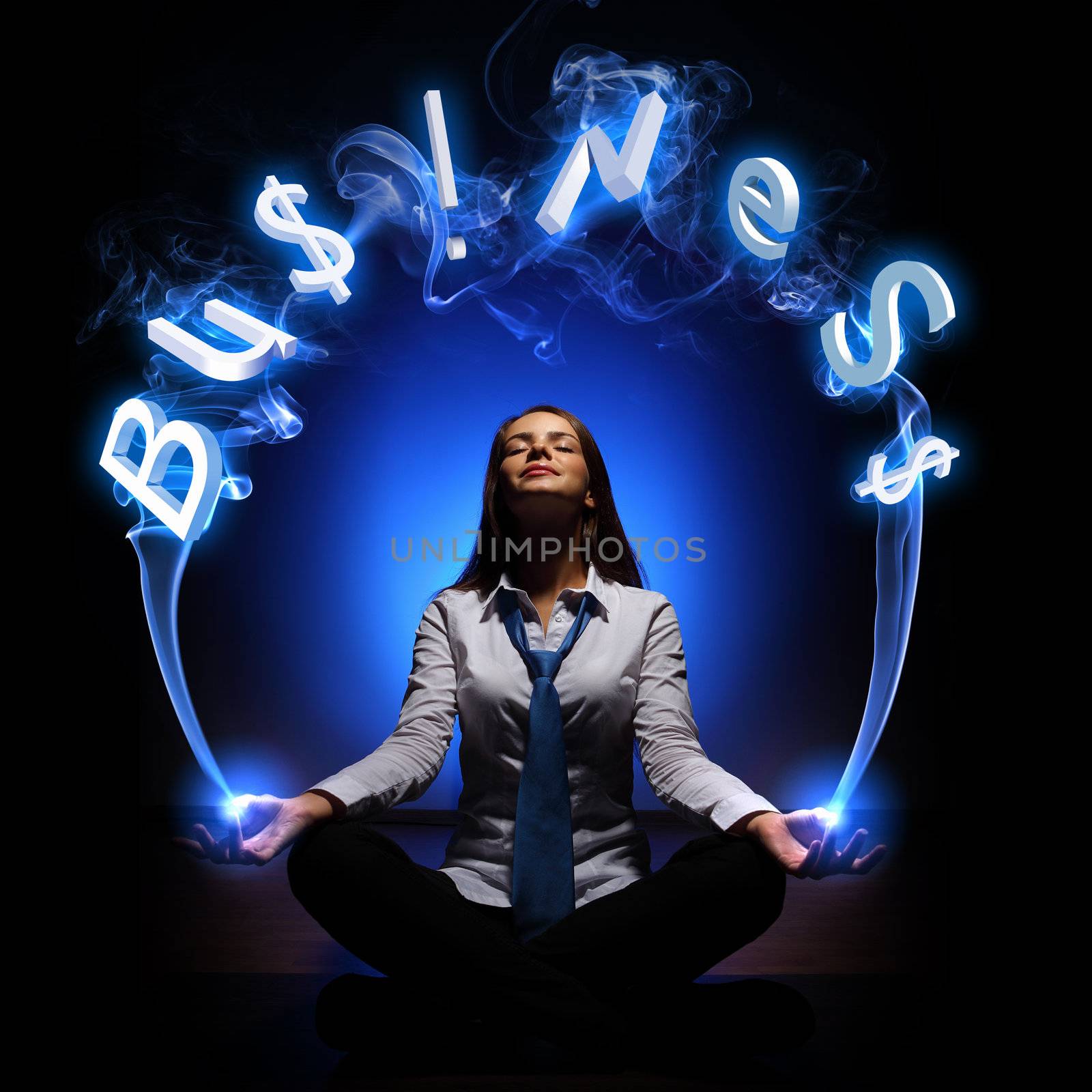 Illustration with a young businesswoman and word Business around her