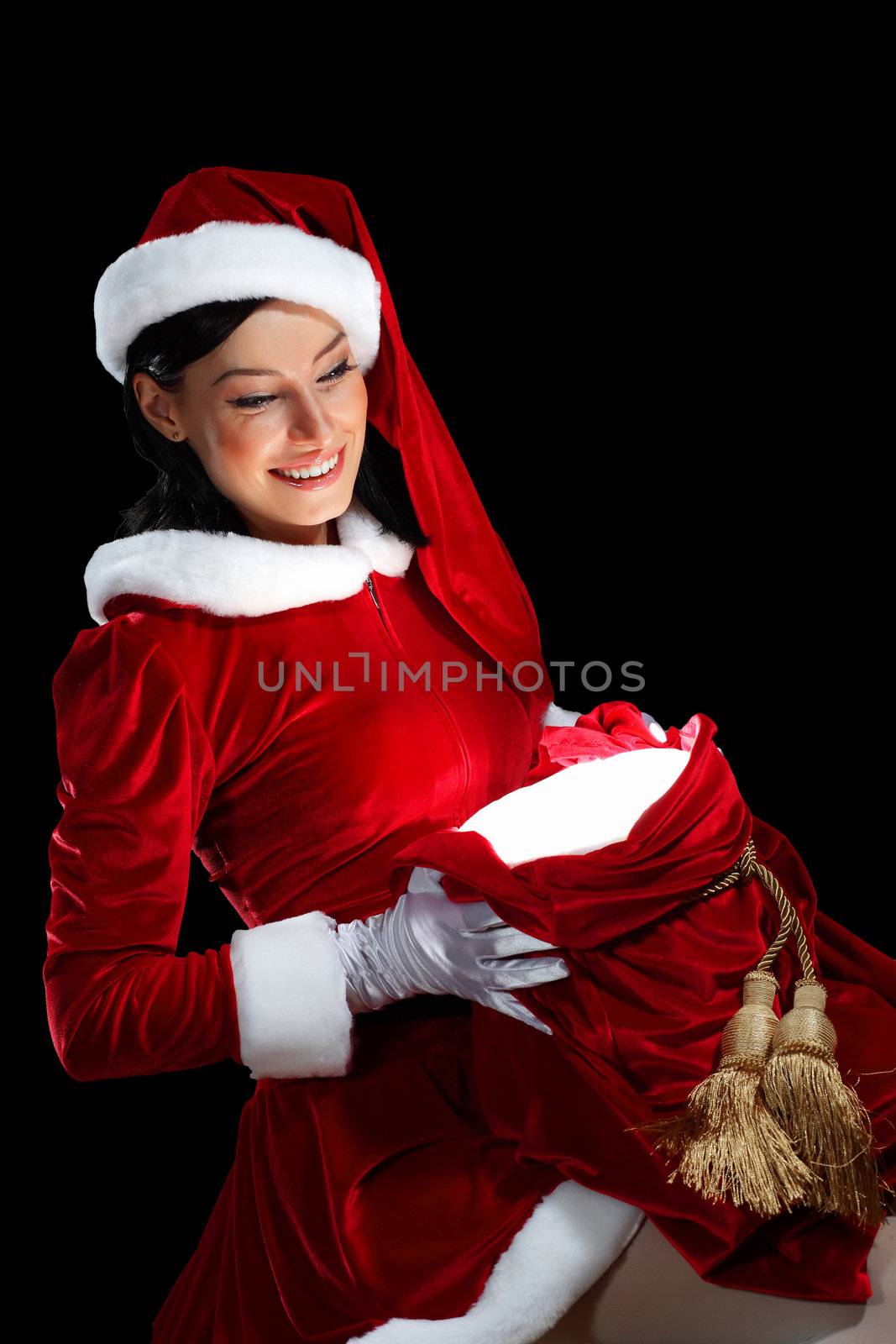 Santa Girl presenting your product, in costume and white gloves