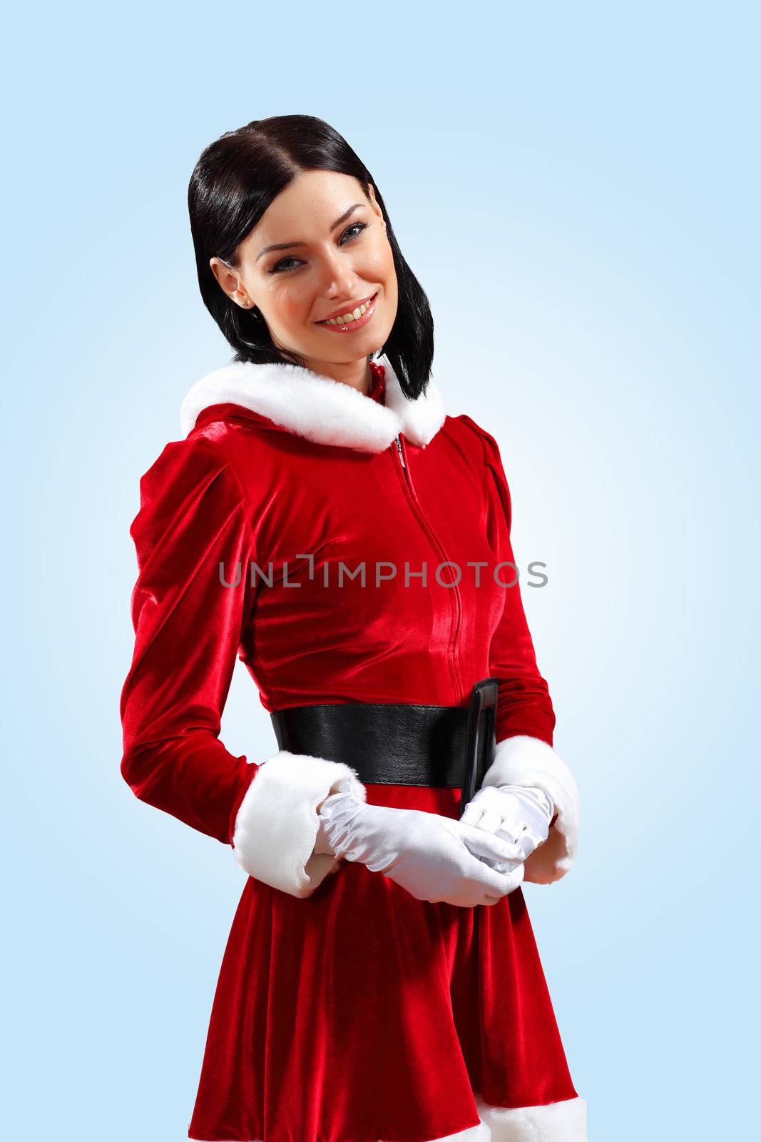 Santa Girl presenting your product, in costume and white gloves