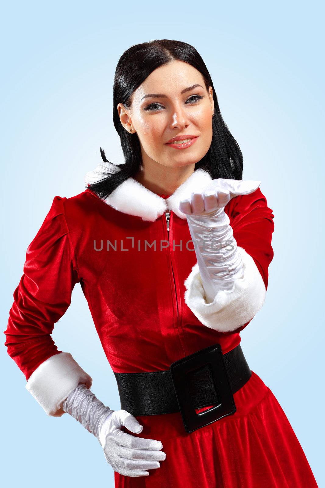 Santa Girl presenting your product, in costume and white gloves