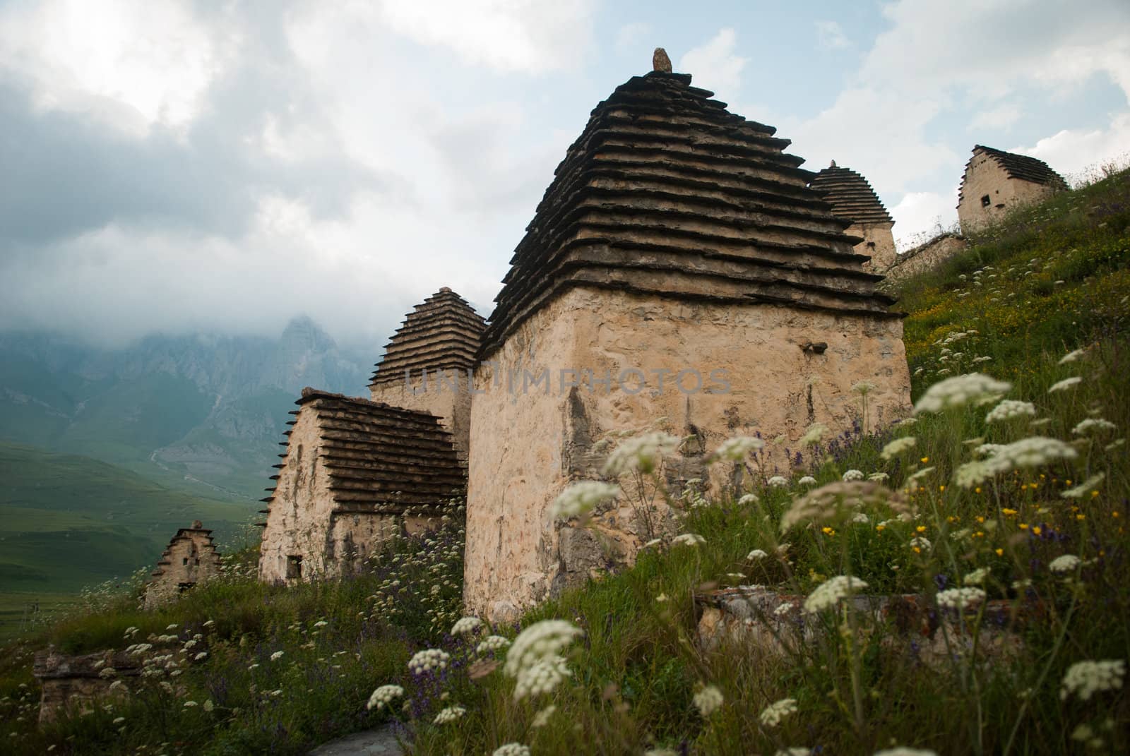 Old cemetery in mountains in Dargavs, North Ossetia