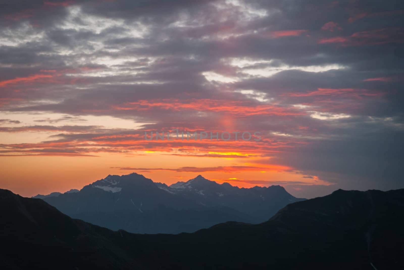 Sunset in Caucasian Mountains in South Ossetia in summer