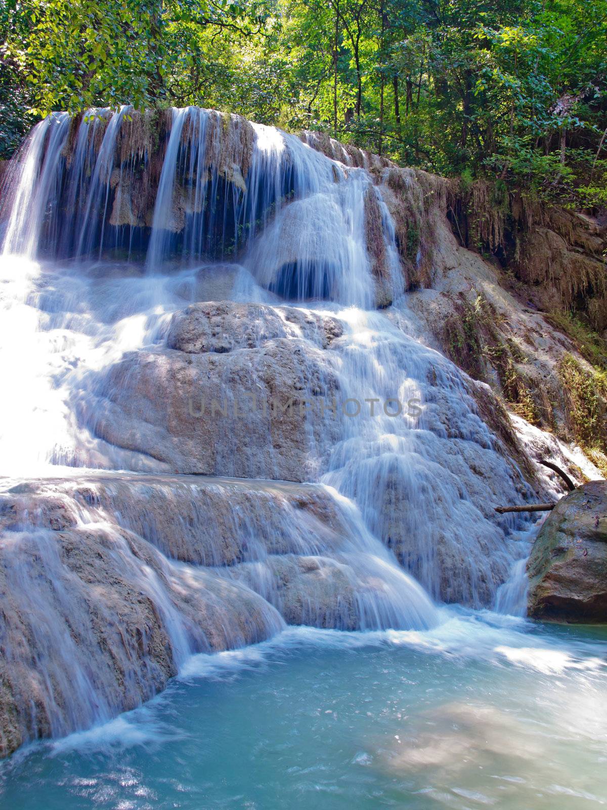 Emerald color water in tier sixth of Erawan waterfall, Erawan National Park, Kanchanaburi, Thailand