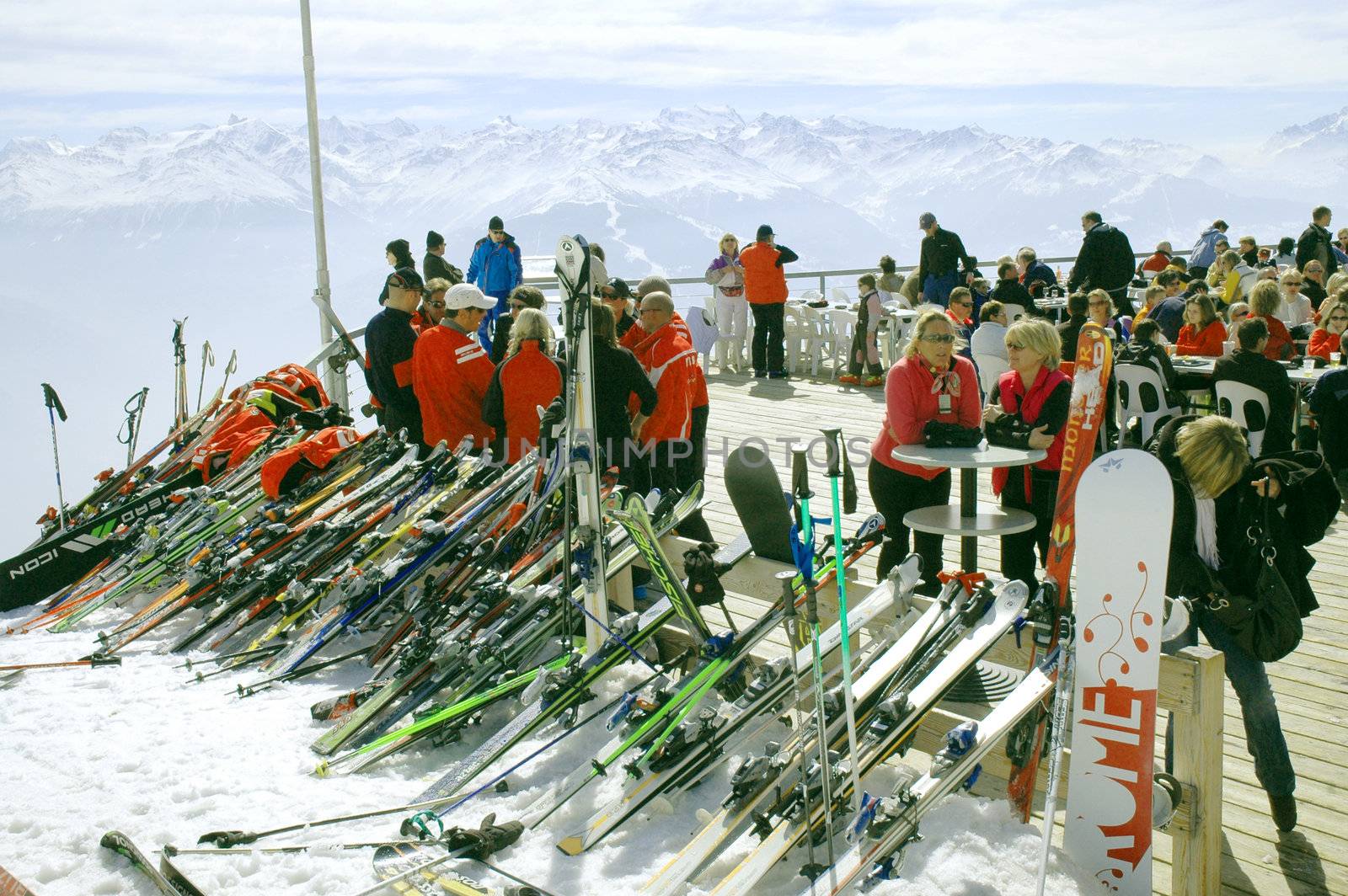 Montain ski resort near Sion, Swetzeland - March 2007. Mountain skiers prepare for descent.