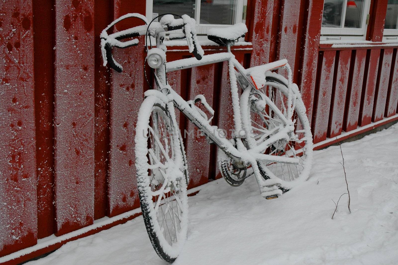 Left on a winter parking of bicycles in snowfall