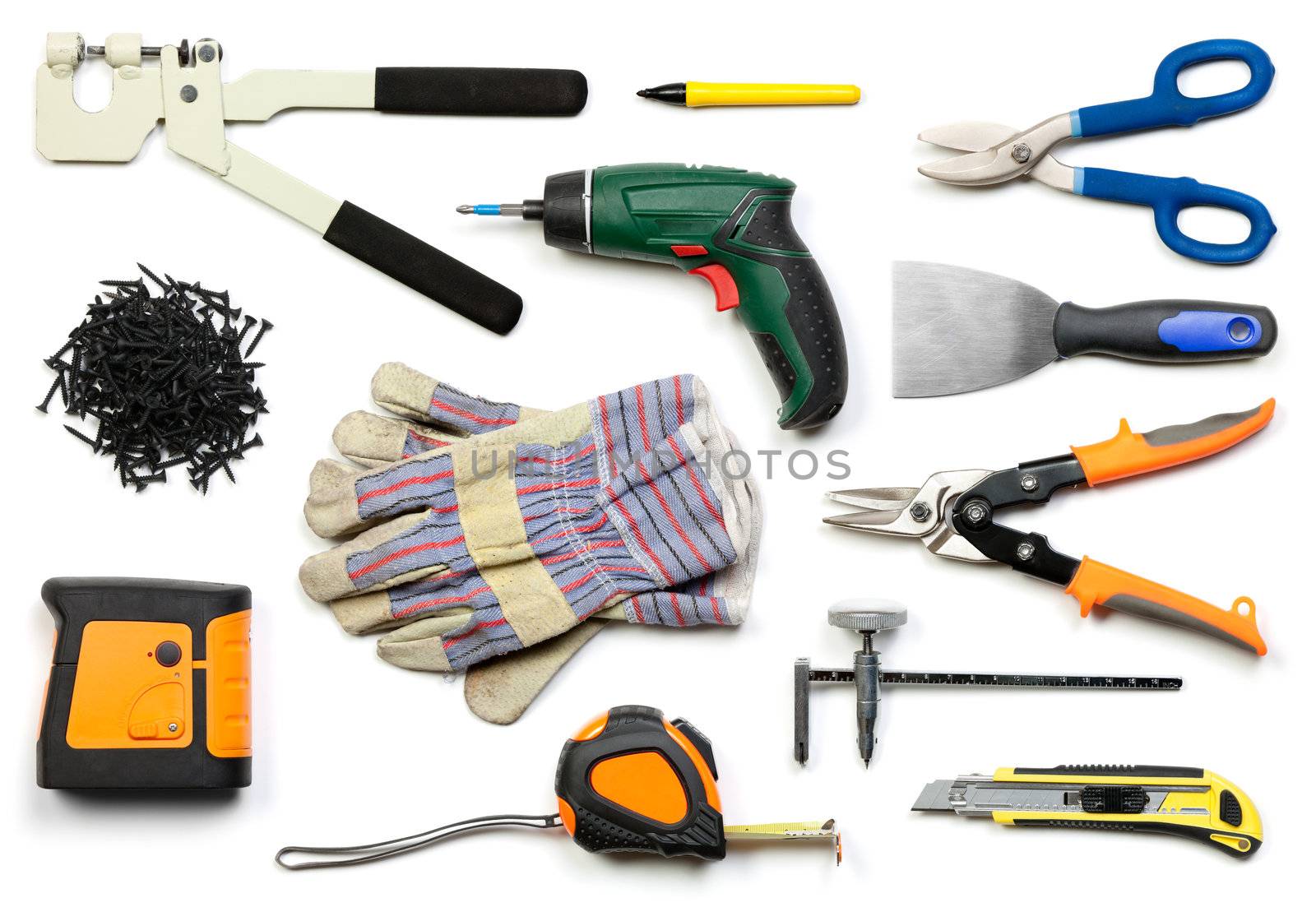 Plasterboard tools set with punch lock crimper, marker pen, tin snip cutter, screws, screw gun, plaster spreader, protective gloves, laser level, tape measure and circle cutter on white background