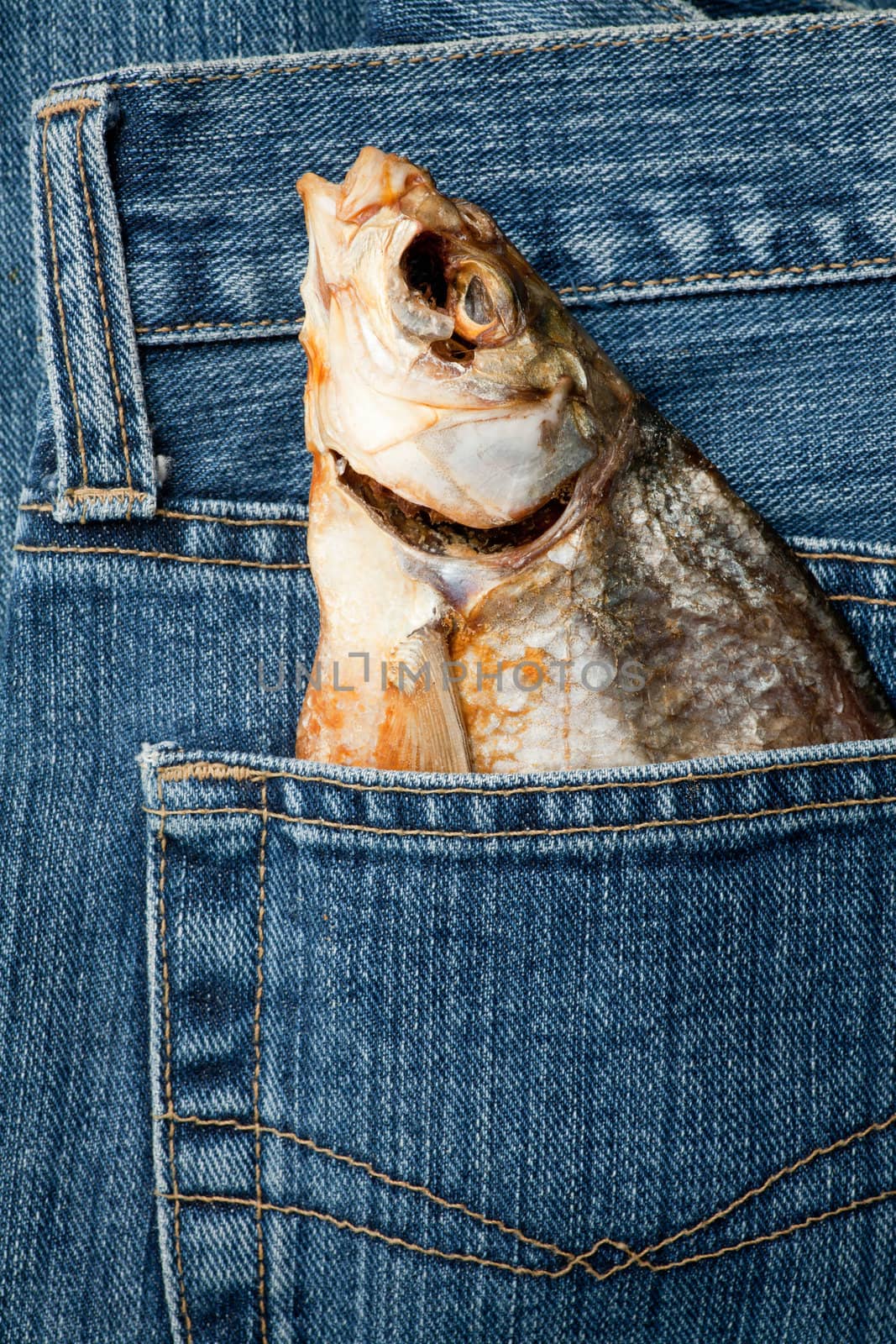 Blue jeans pocket with dried fish