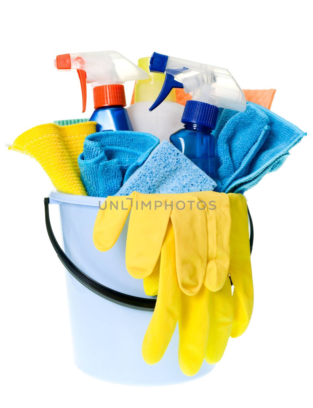 Plastic bucket with cleaning supplies on white background