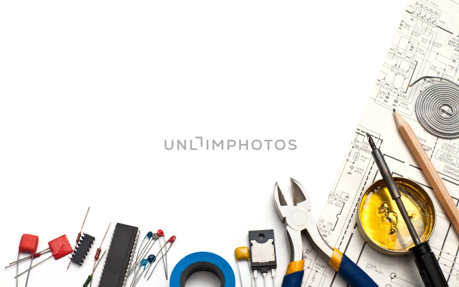 Set of electronic tools components and scheme on white background