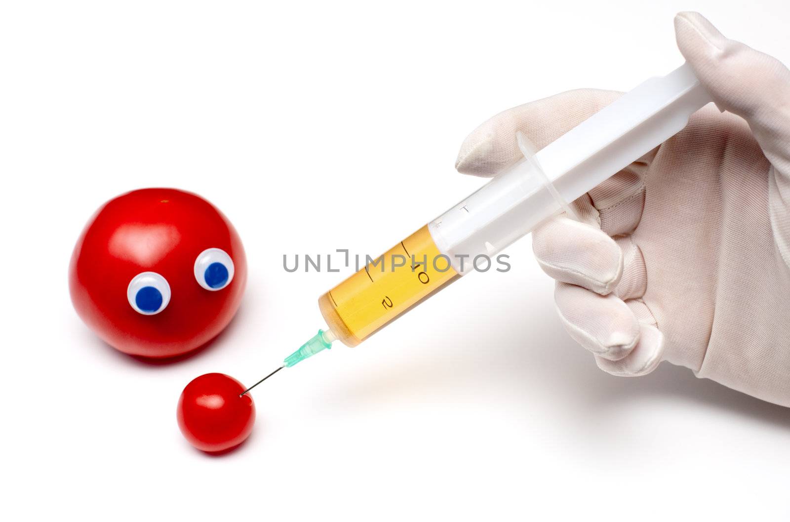 Genetic modification humorous concept with one tomato looking at another receiving an injection