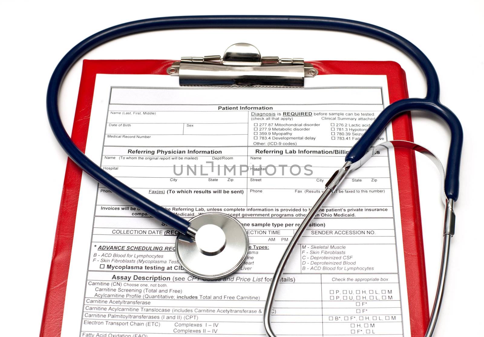 Blank Patient information on red clipboard with stethoscope on white background