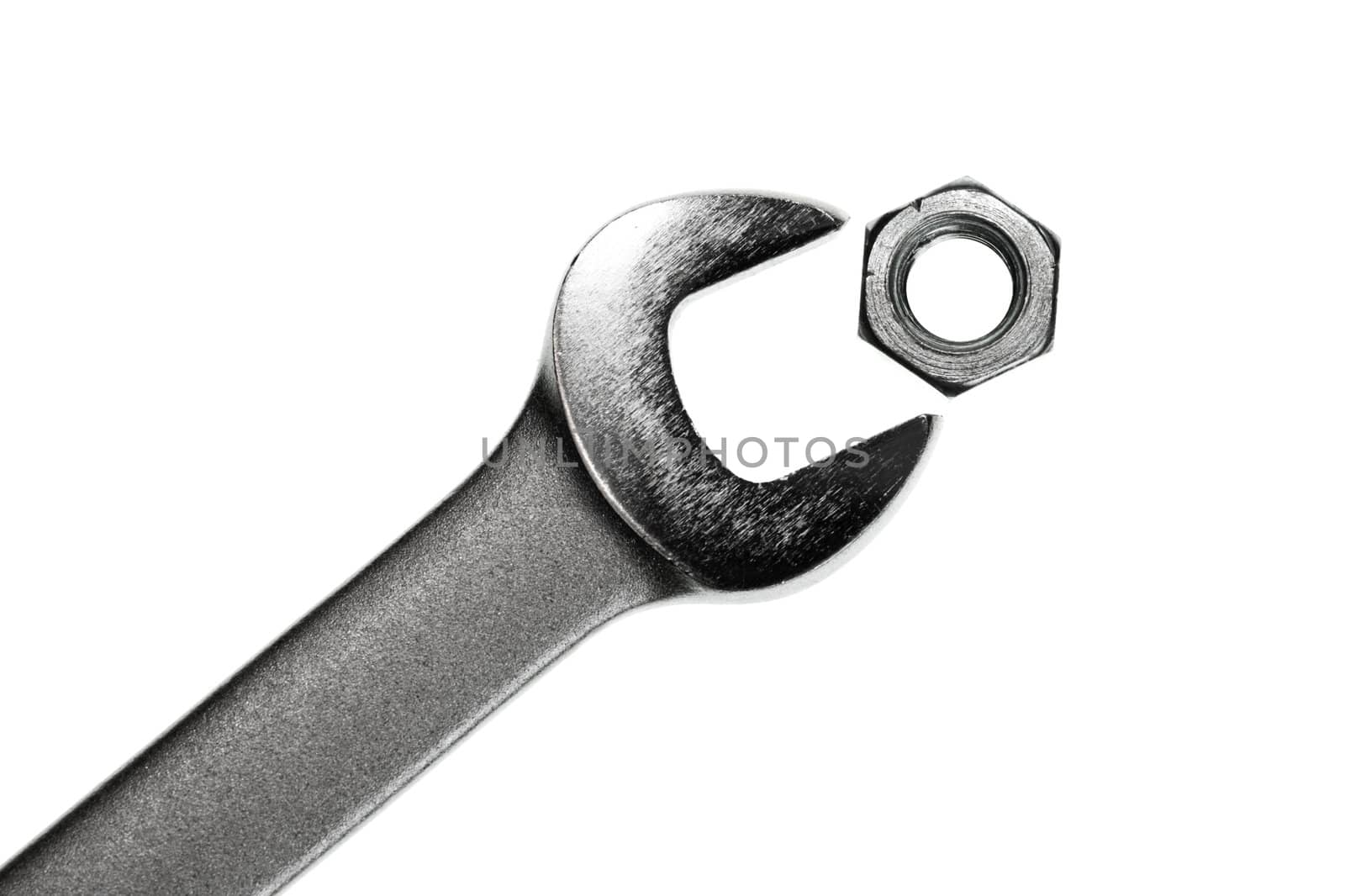 Open-end wrench with hex nut on white background