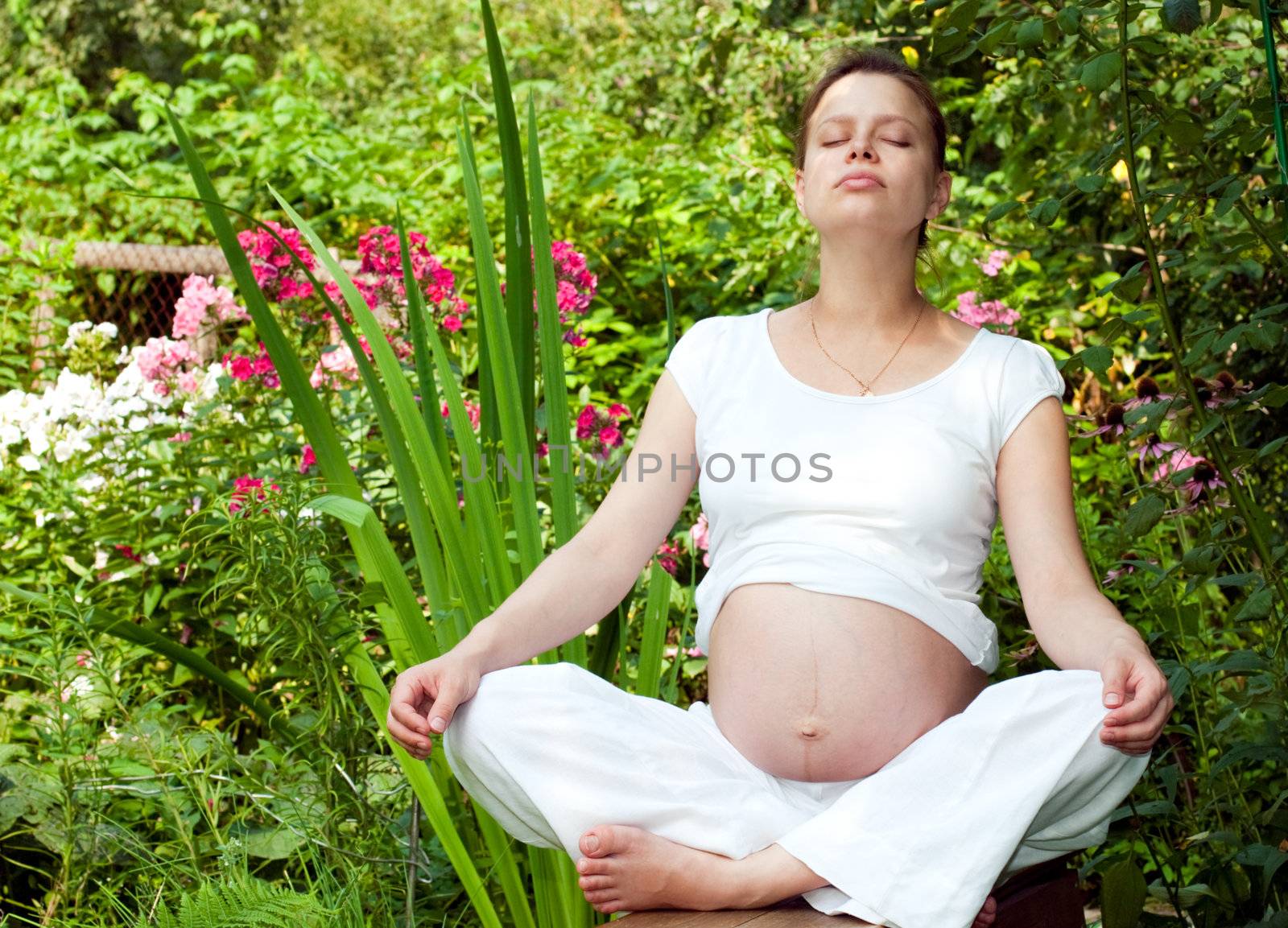Young pregnant woman relaxing in a summer garden