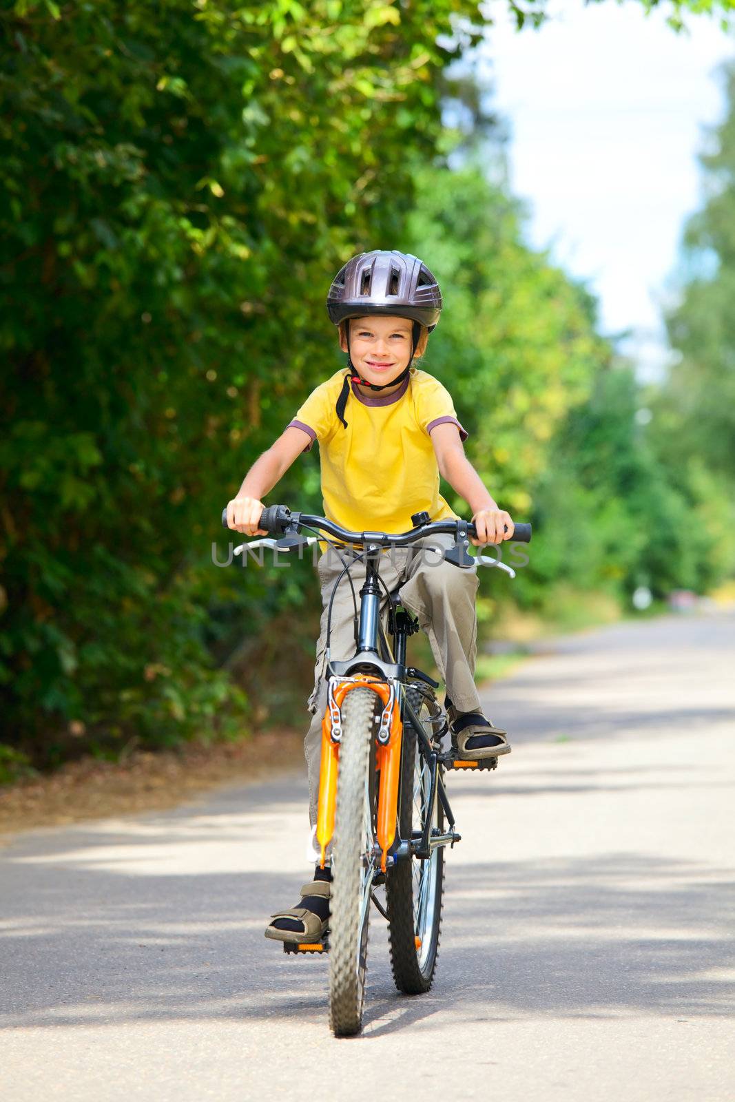 Young boy riding bicycle on a summer day