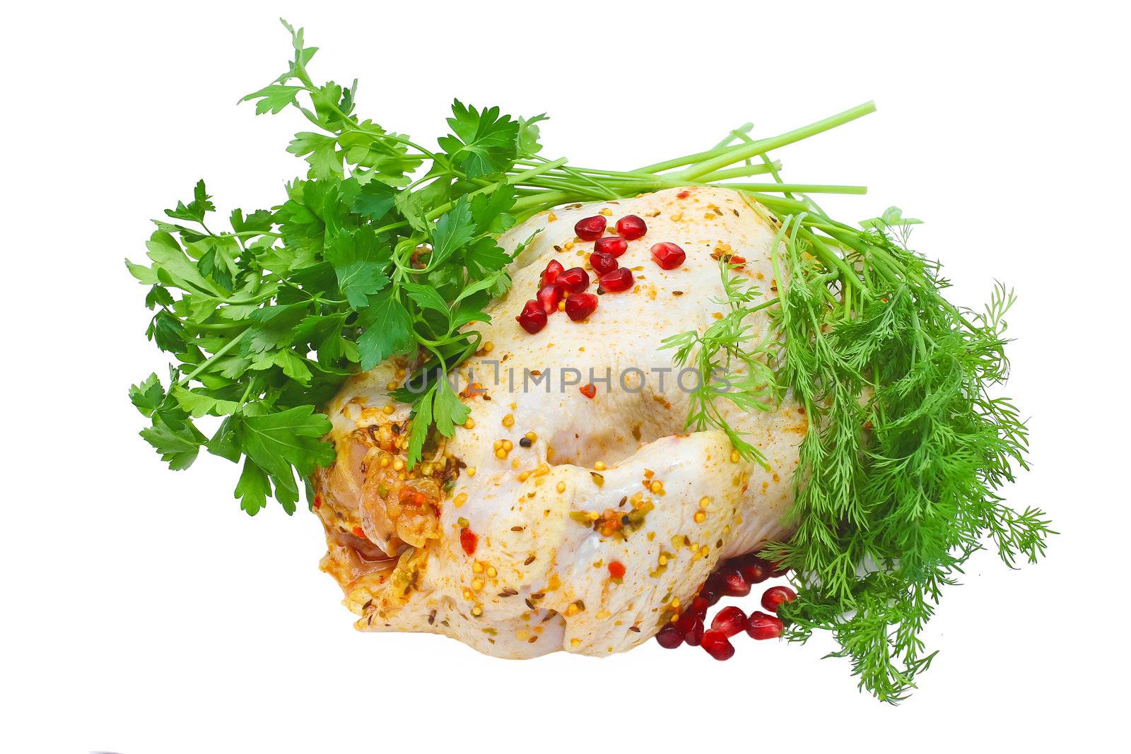Chicken marinated with herbs on a white background