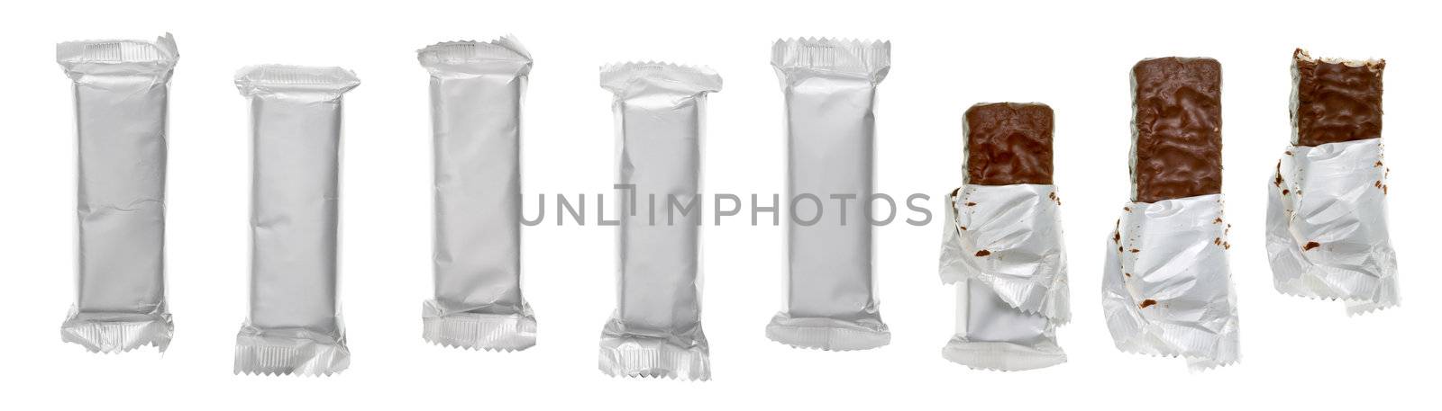Set of chocolate or cereal bars on white background