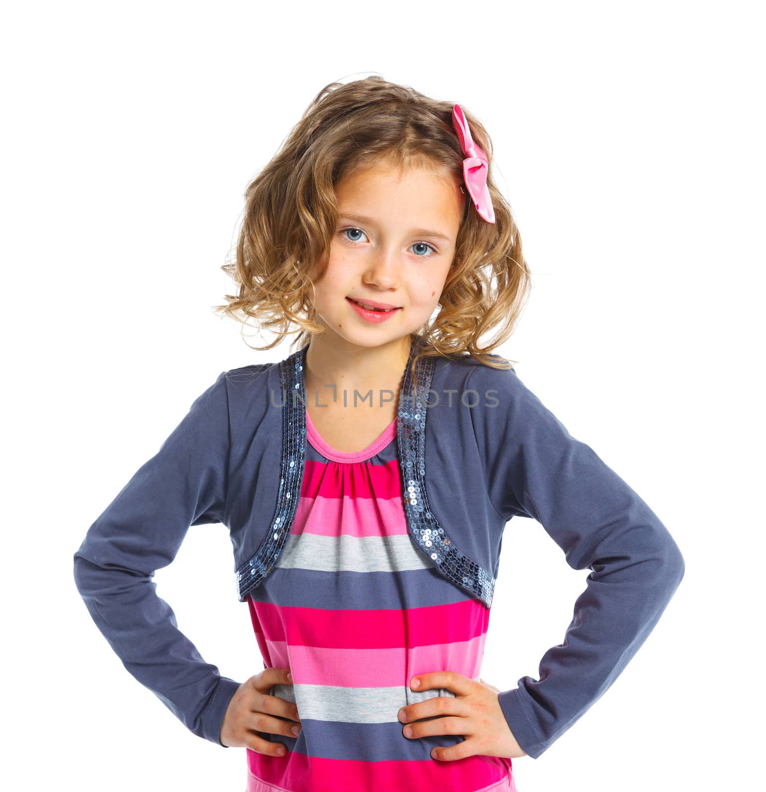 Portrait of a emotional beautiful little girl. Isolated on white background.
