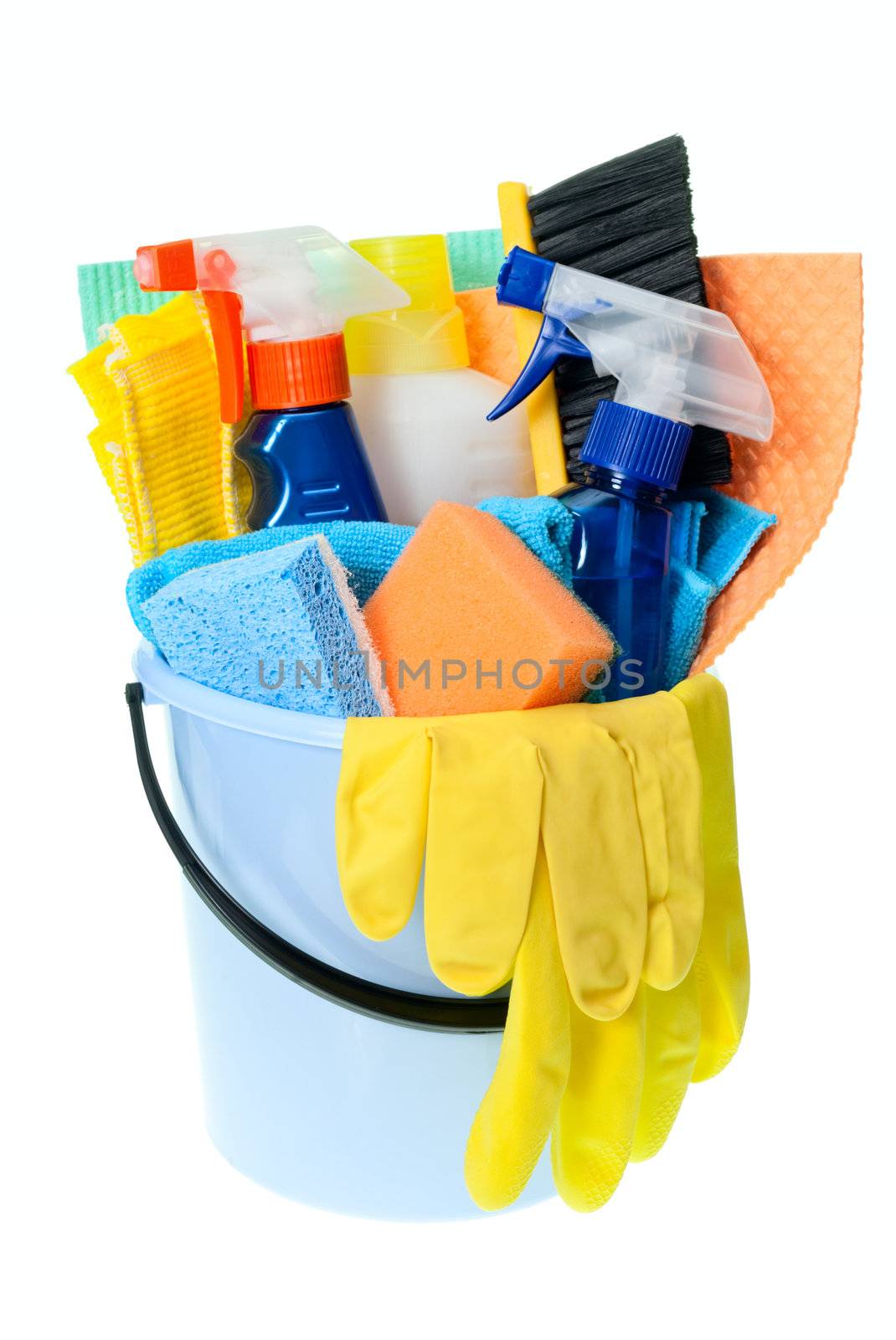 Plastic bucket with cleaning supplies on white background