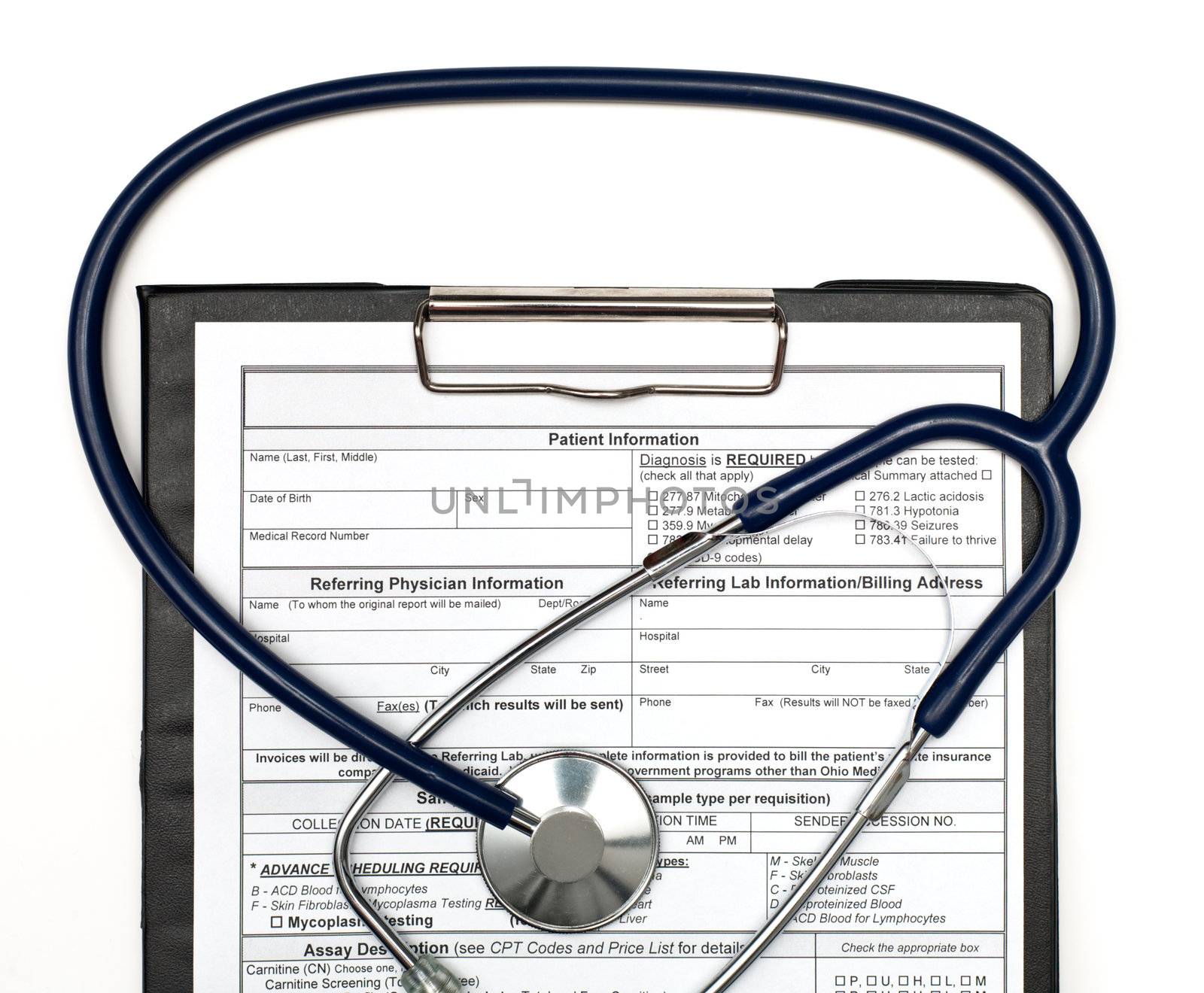 Blank Patient information on clipboard with stethoscope on white background