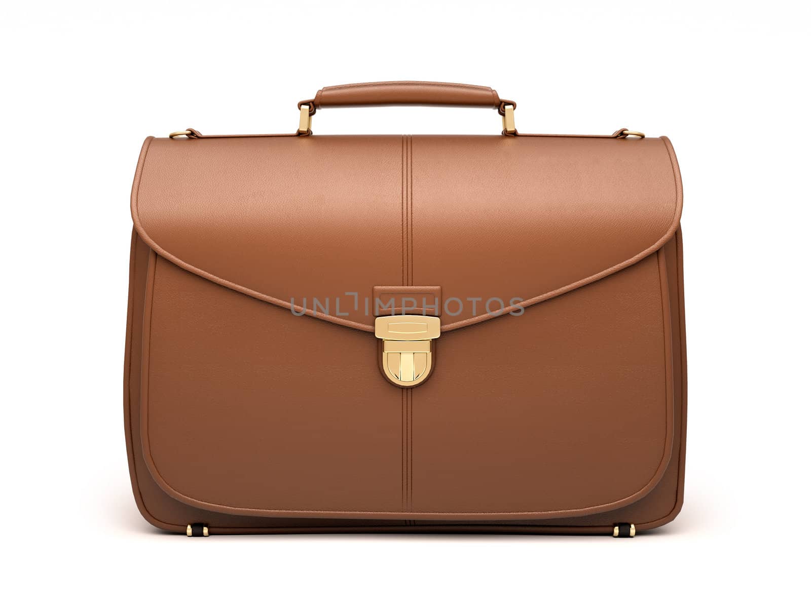 Brown business briefcase isolated on white background. Material - skin. Front view