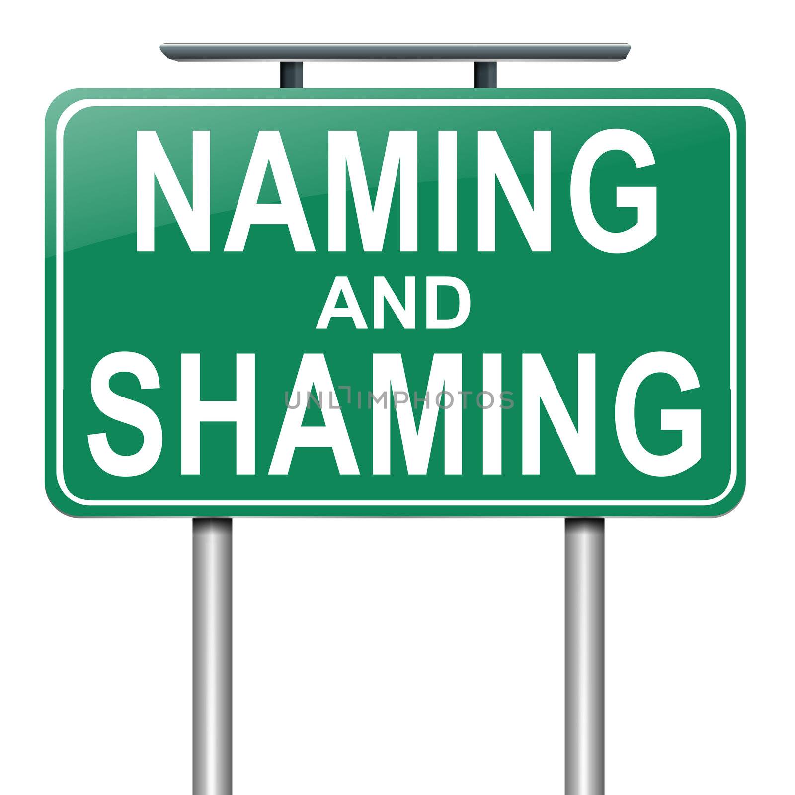 Illustration depicting a roadsign with a naming and shaming concept. White background.