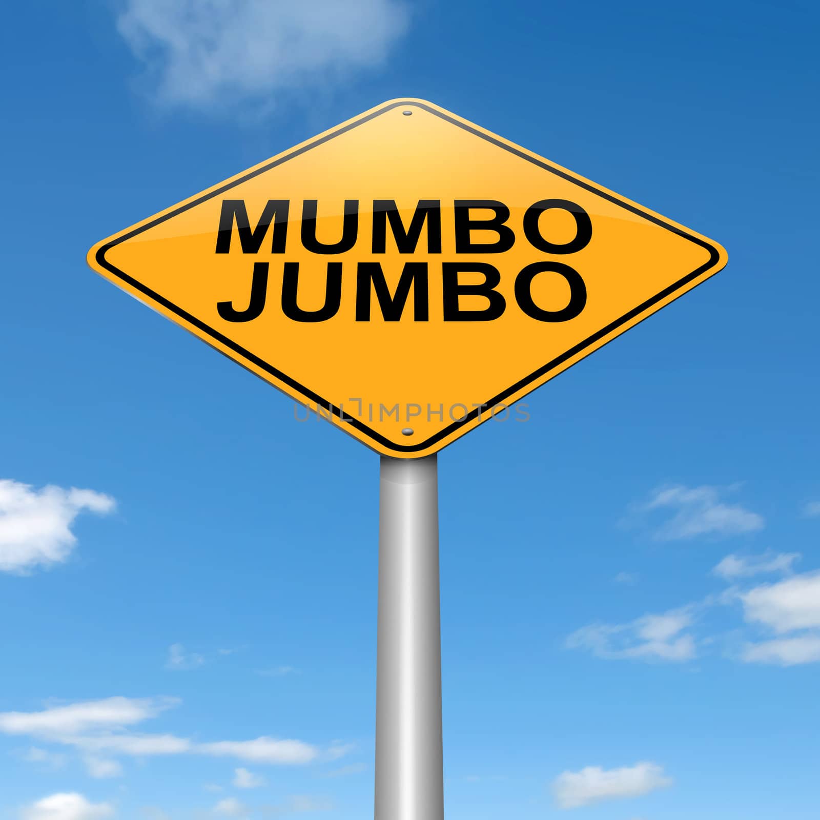 Illustration depicting a roadsign with a mumbo jumbo concept. Sky background.