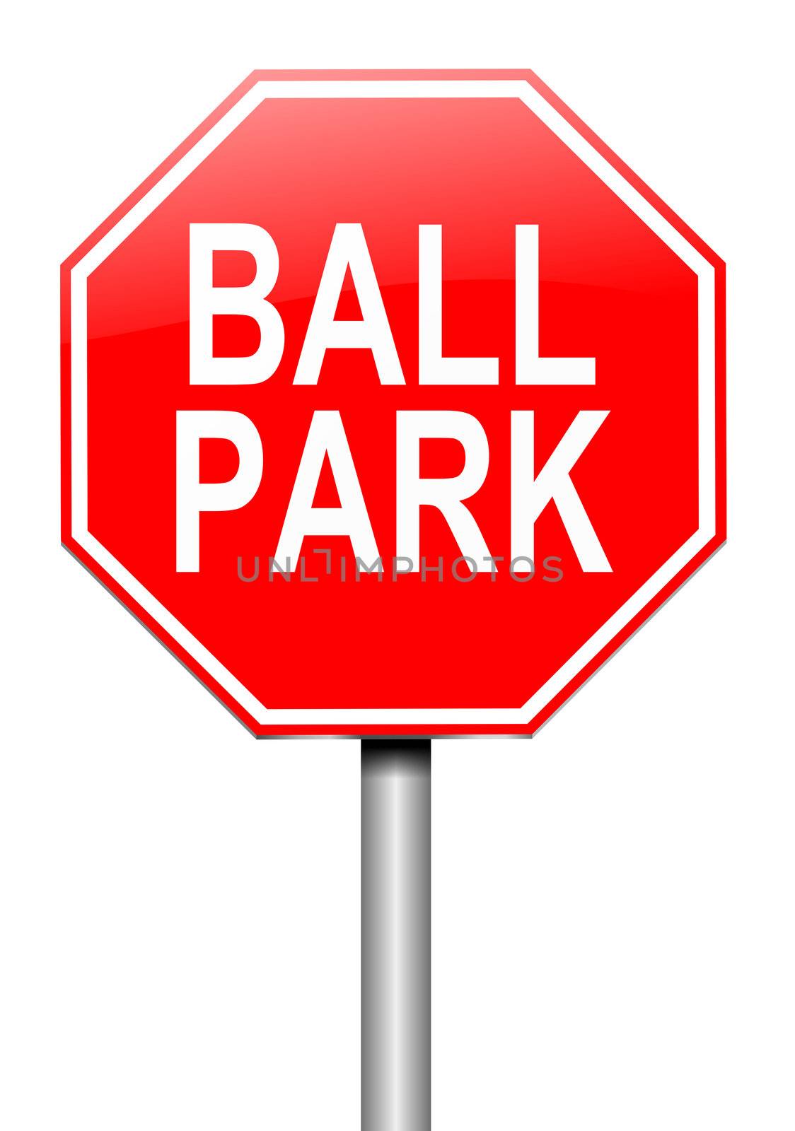 Illustration depicting a roadsign with a ball park concept. White background.