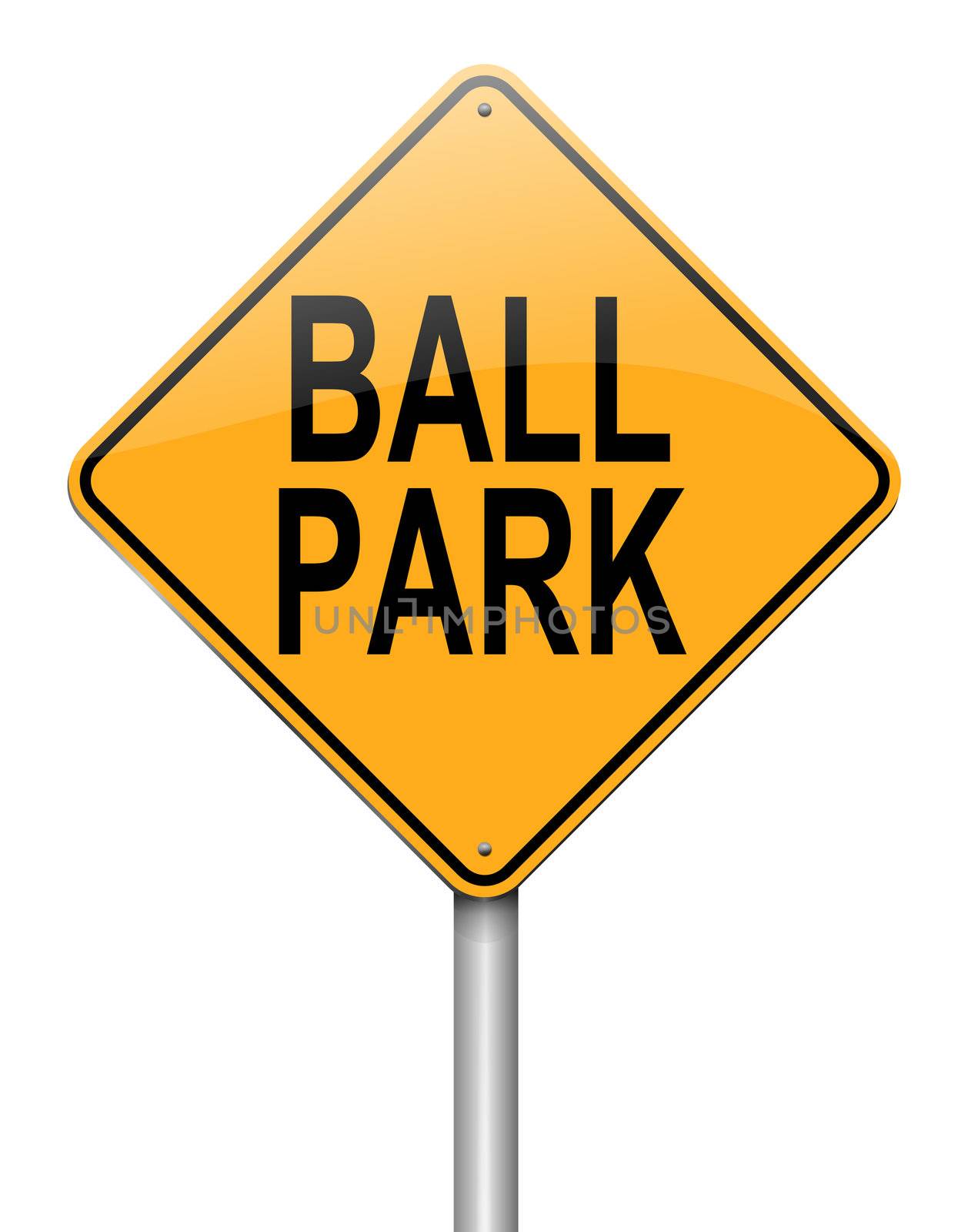 Illustration depicting a roadsign with a ball park concept. White background.