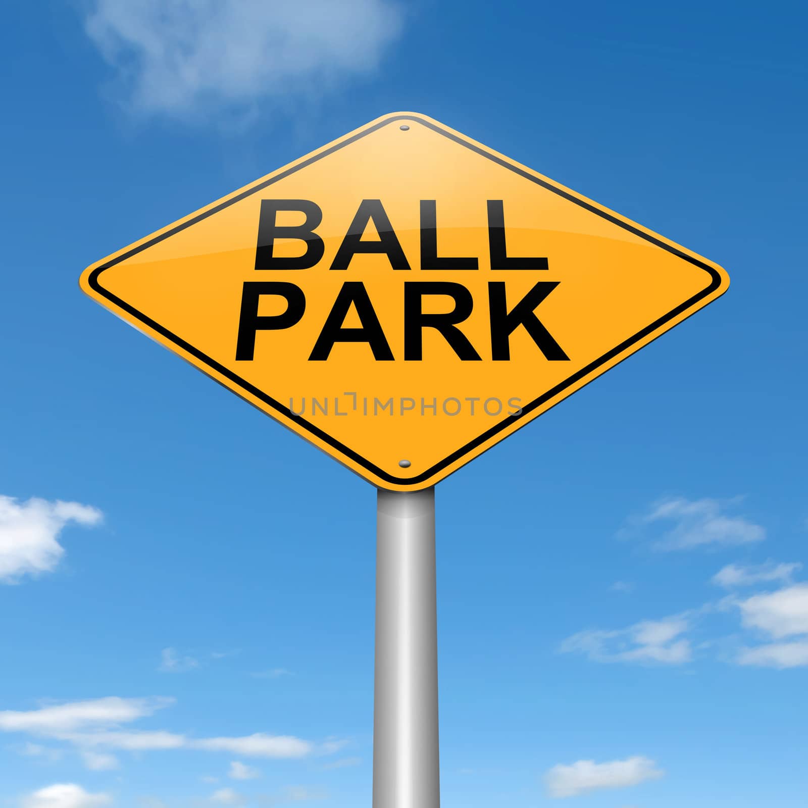 Illustration depicting a roadsign with a ball park concept. Sky background.