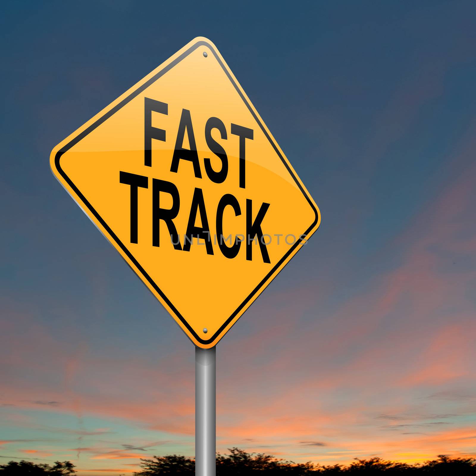 Illustration depicting a roadsign with a fast track concept. Dusk sky background.